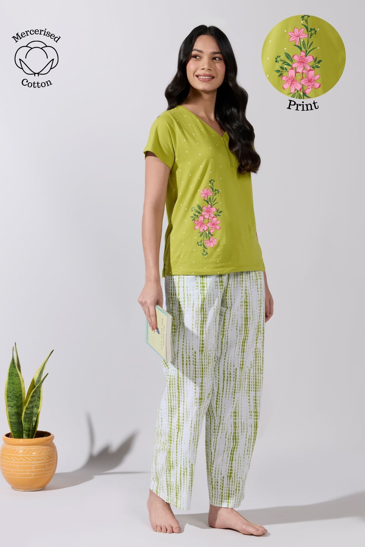 Cotton Printed Pyjama Set with Green T- Shirt & White Printed Pant