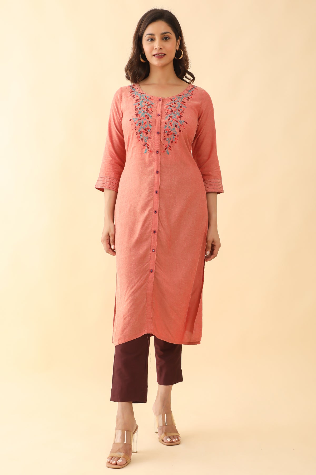 Floral Motif Embroidered Kurta Rust