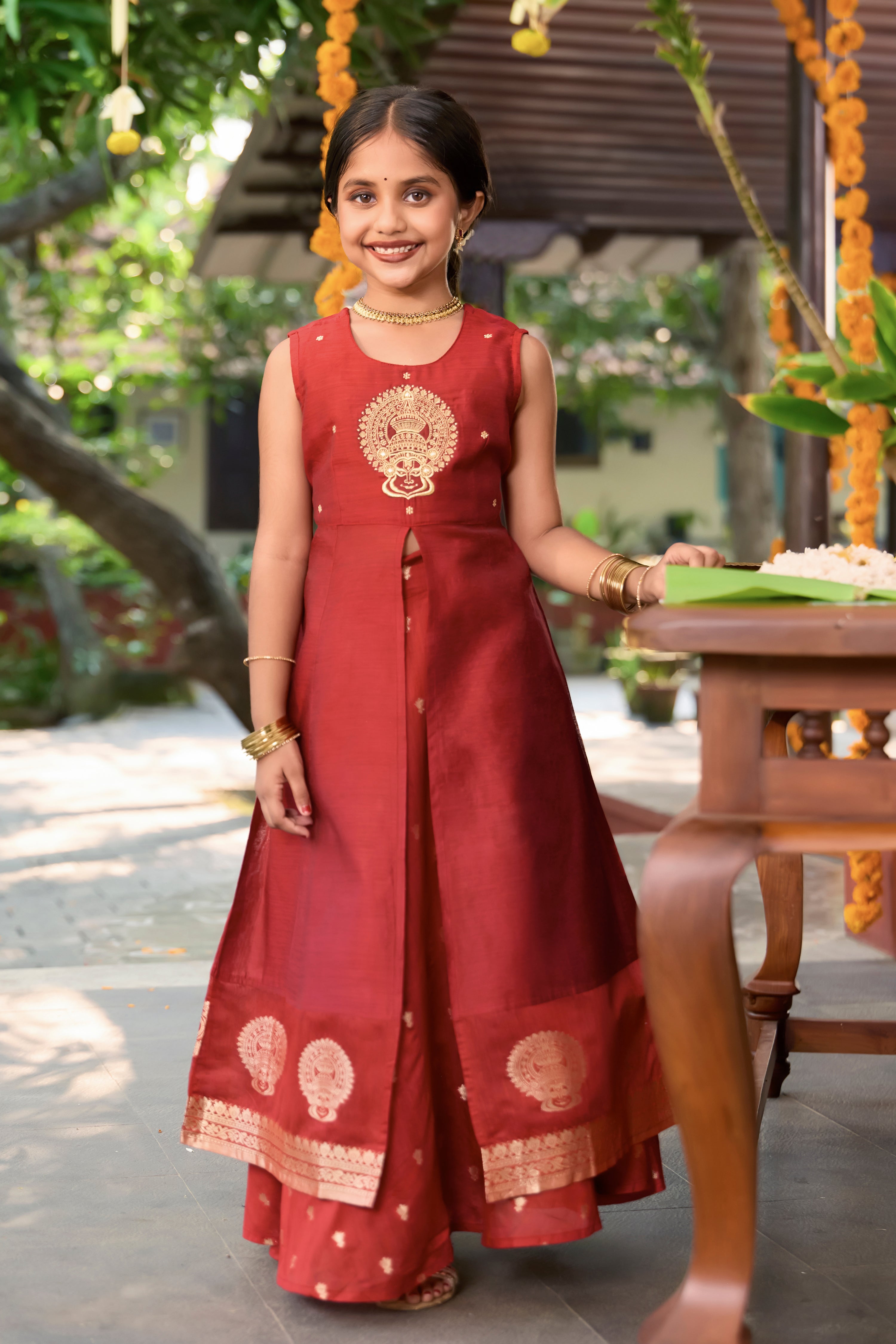 Red Kathakali Embroidered Chanderi Kids Skirt Set