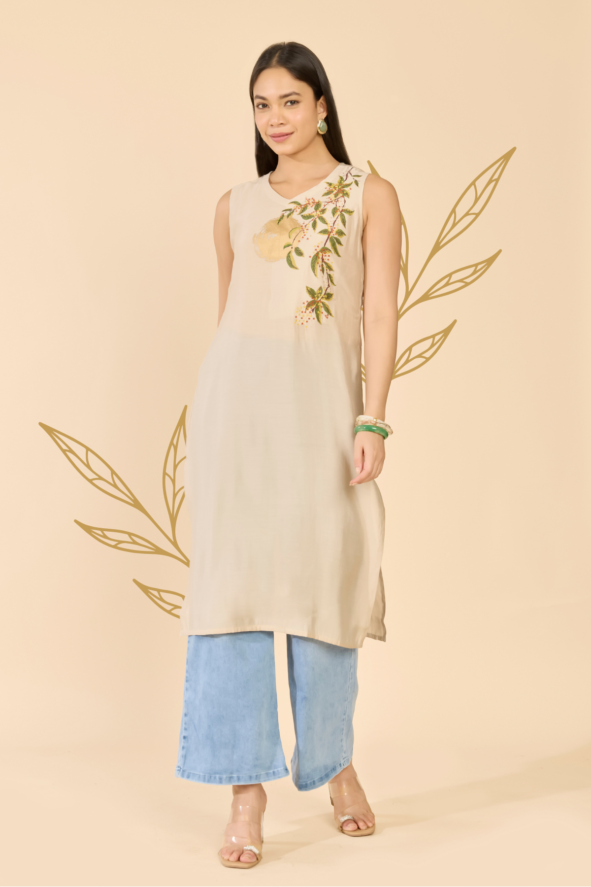 Beige Sun & Floral A-Line Kurta