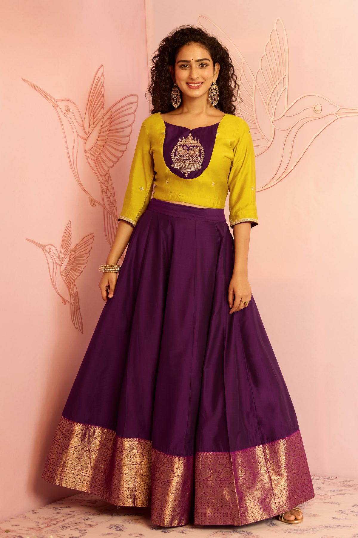 Mustard Bird Embroidered Crop Top With Purple Floral Skirt Set