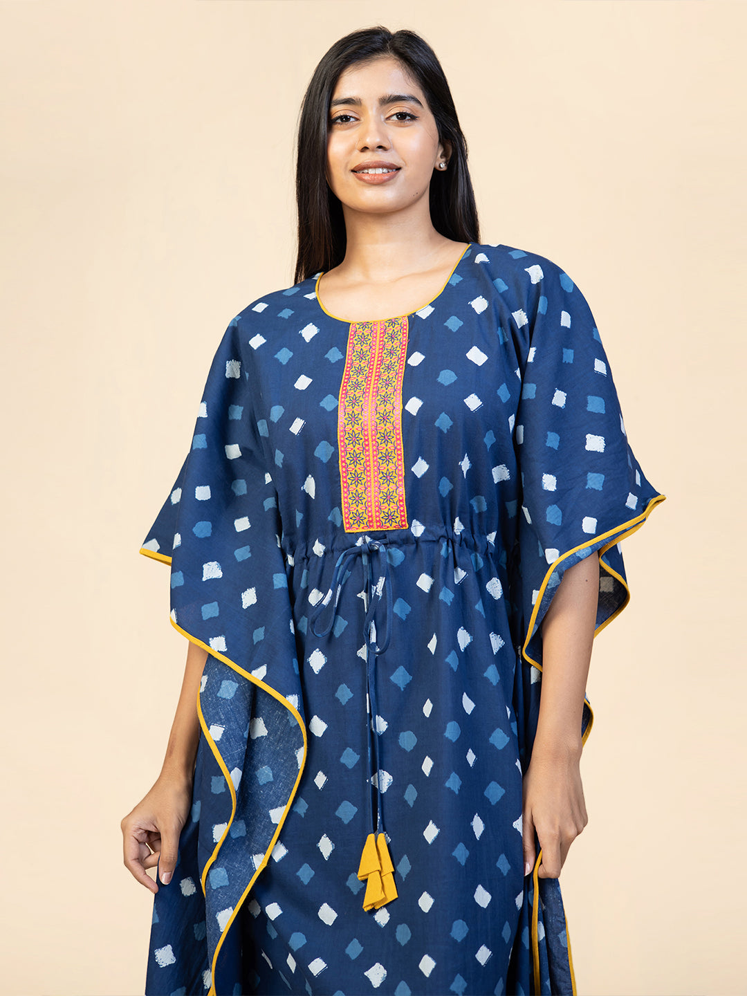 All Over Geometric Printed With Floral Embroidered Yoke Kaftan Nighty Blue