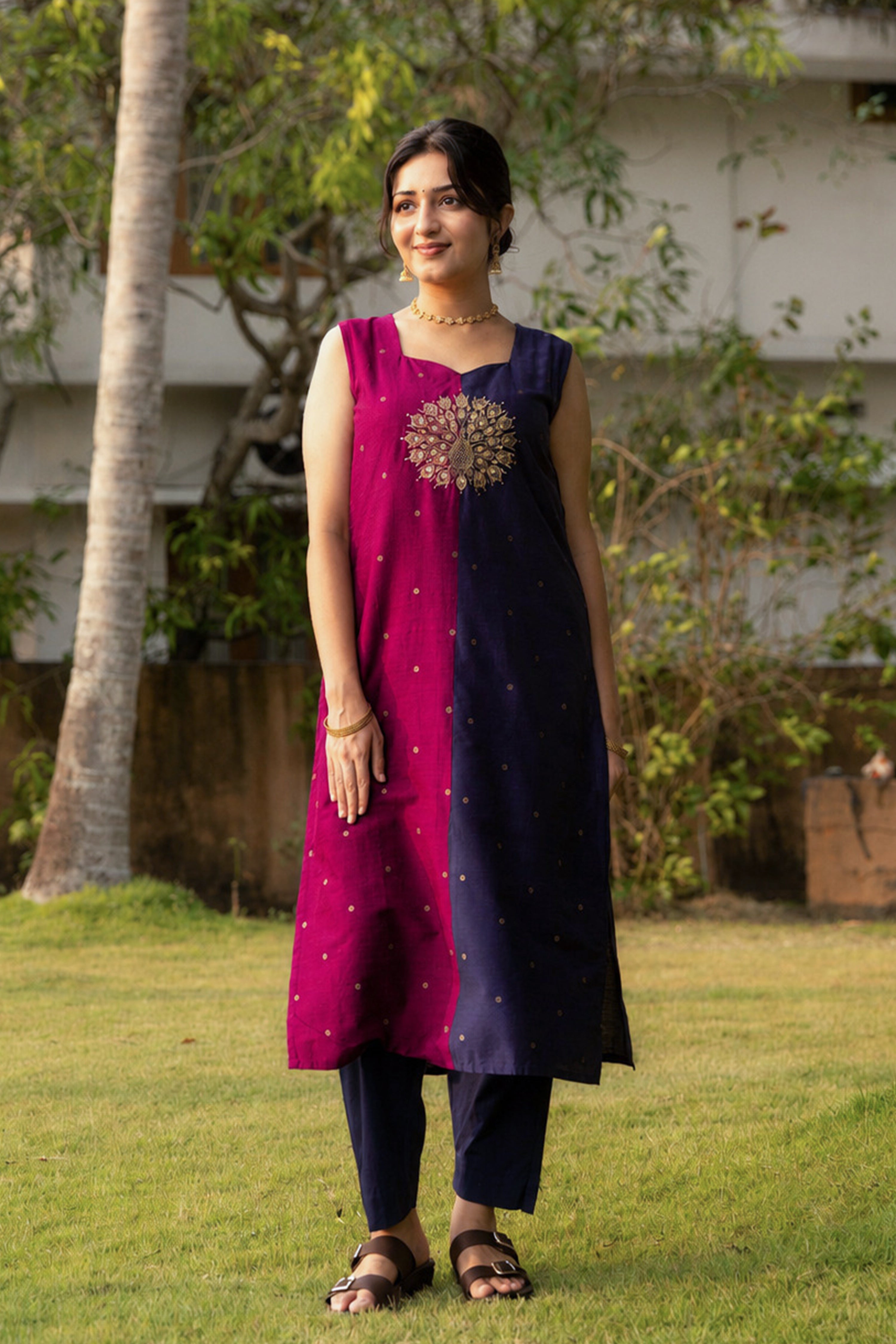Purple Raw Silk Peacock Embroidered Kurta