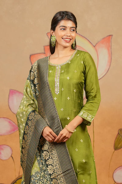 Allover Floral Weave With Mirror & Sequin Embroidered Kurta Set With Brocade Dupatta - Green
