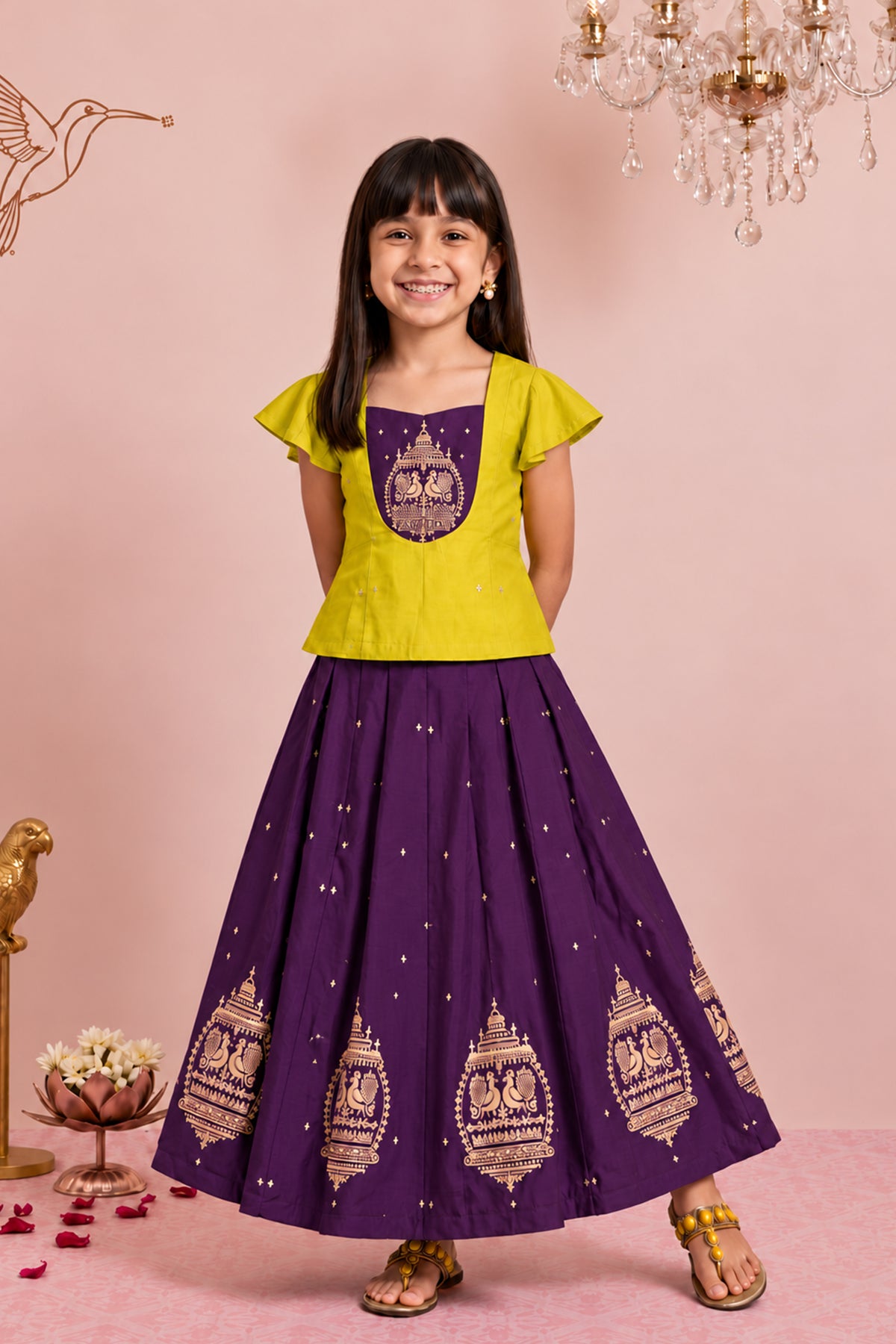 Purple & Yellow Peacock Embroidered Kids Skirt Set