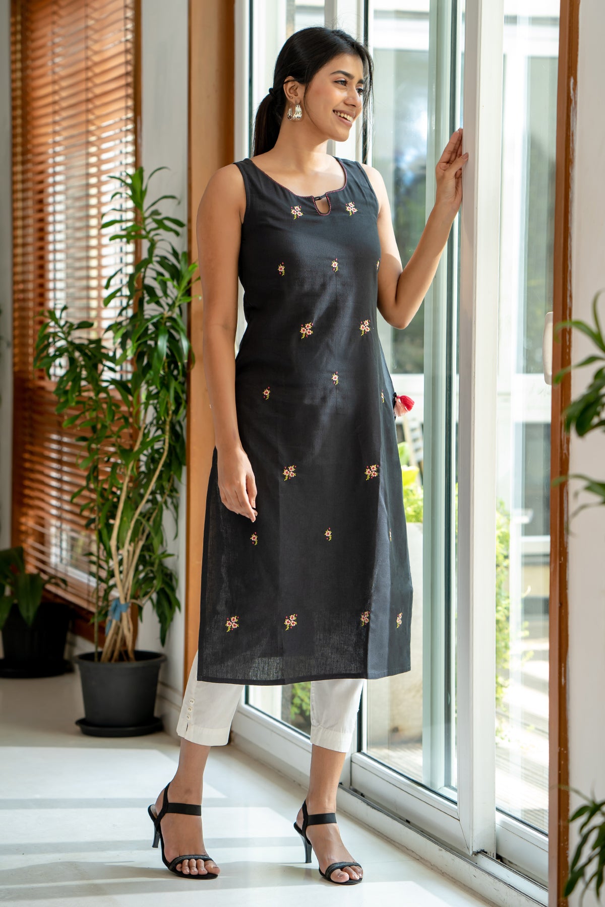 All Over Floral Embroidered Kurta Black