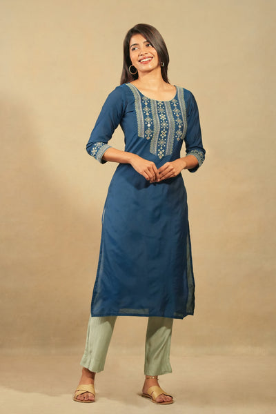 Geometric Embroidered With Foil Mirror Embellished Kurta Blue