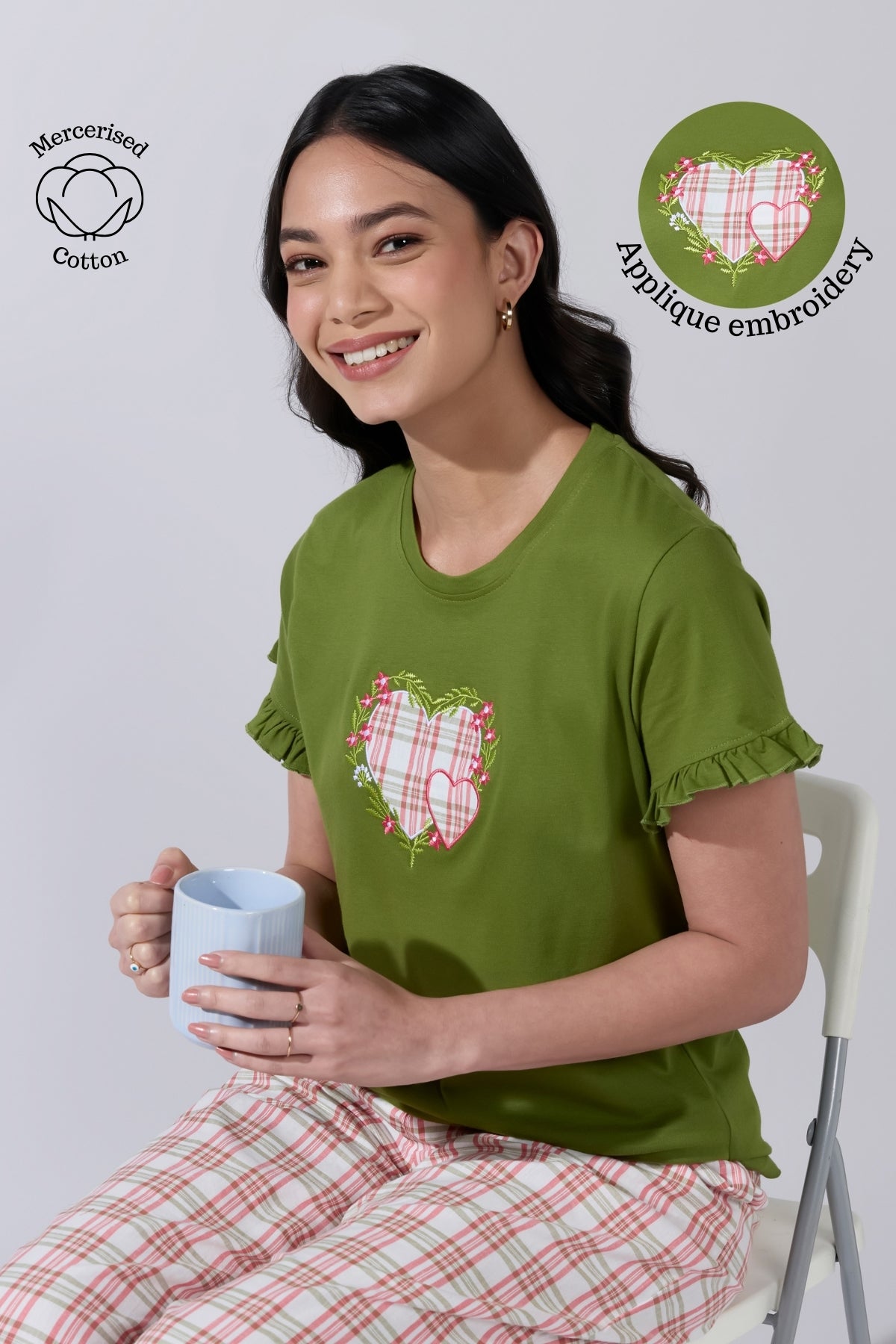 Heart Applique Embroidered Pyjama Set with Checkered Cotton Pant