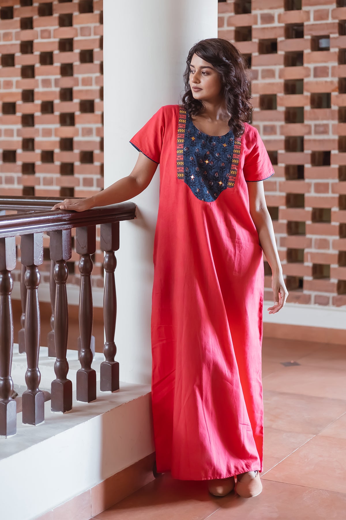 Pink Cotton Nighty with Indigo Yoke Patchwork