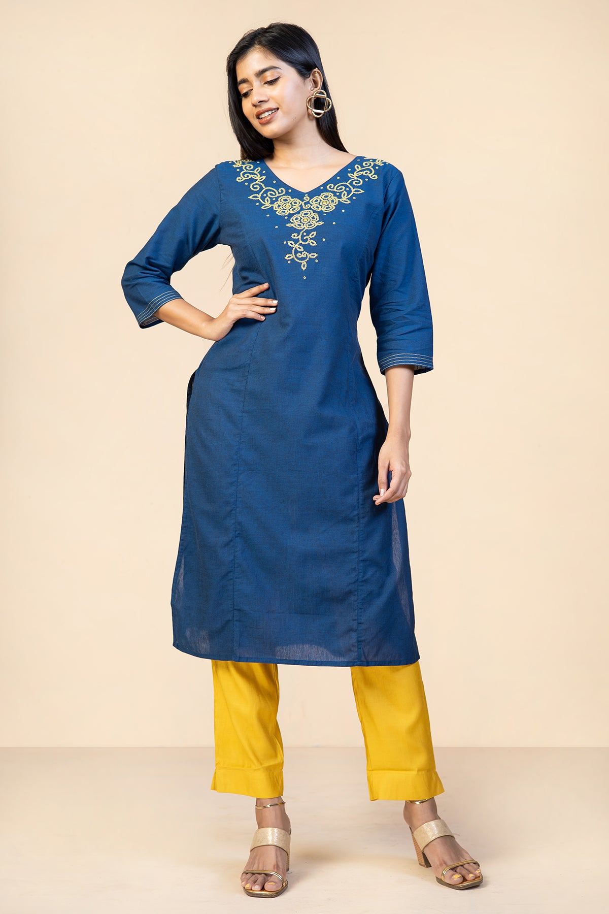 Floral Printed Kurta Set - Blue & Mustard