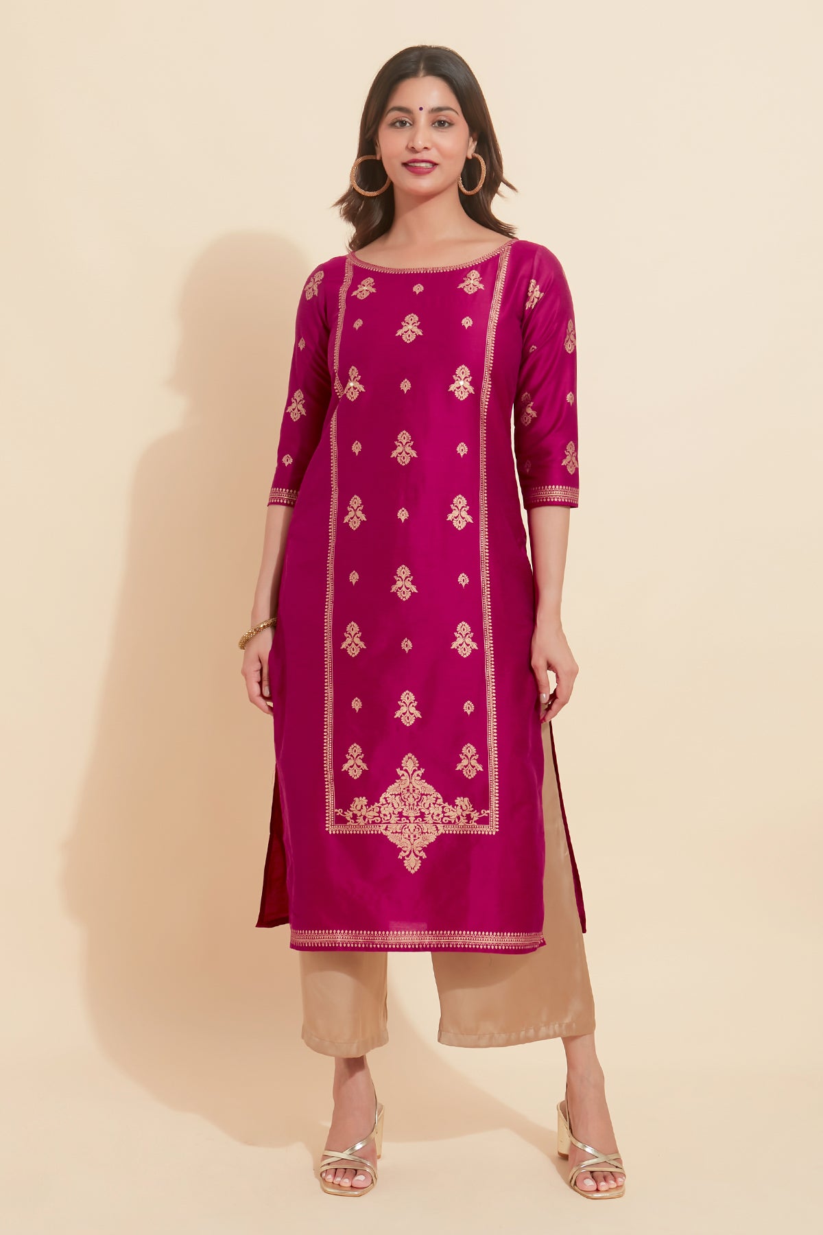 All Over Peacock Motif Printed With Foil Mirror Embellished Kurta - Magenta