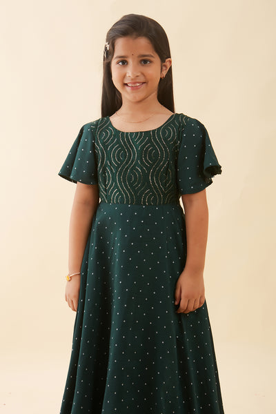 All Over Printed With Sequins Yoke Anarkali Green