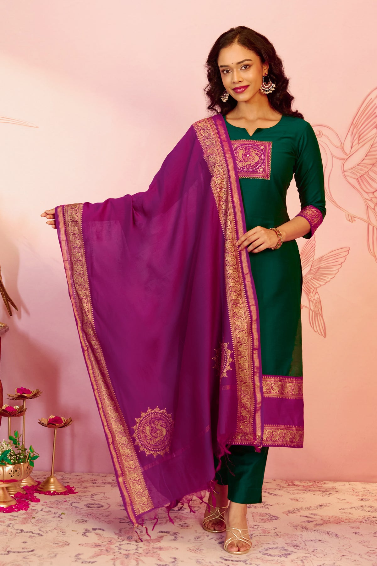 Green Peacock Woven Straight Kurta Set With Chanderi Dupatta