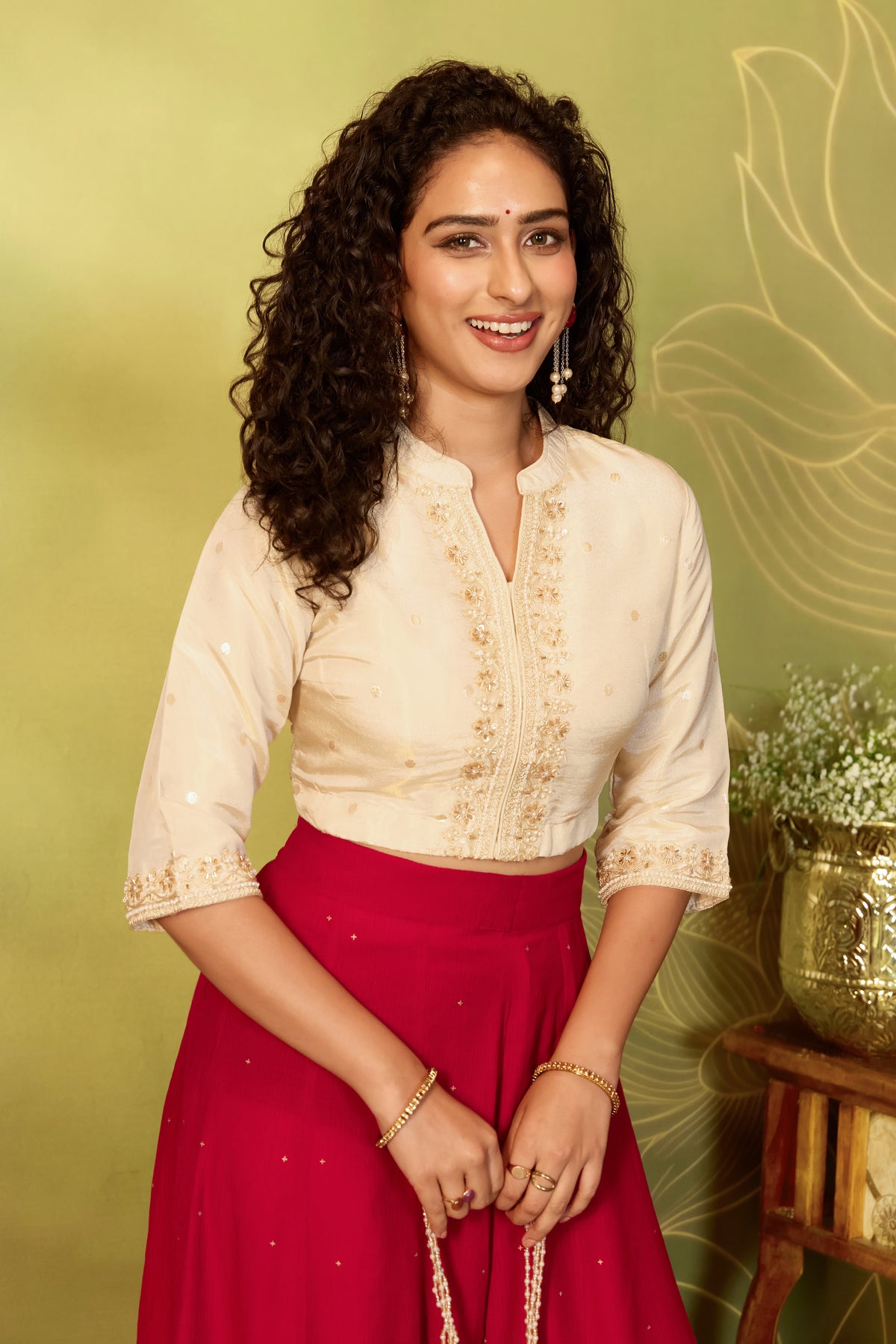 Off White Embroidered Chanderi Silk Crop Top