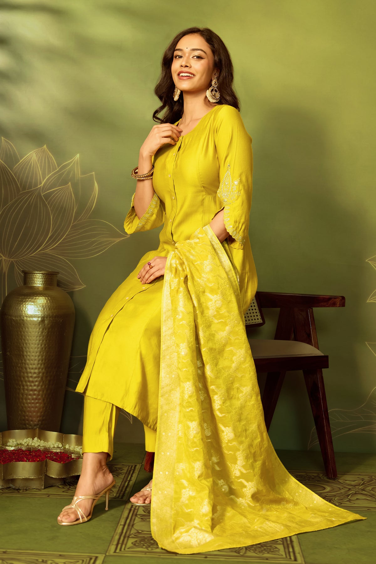 Mustard Yellow Floral A -Line Kurta Set With Brocade Dupatta