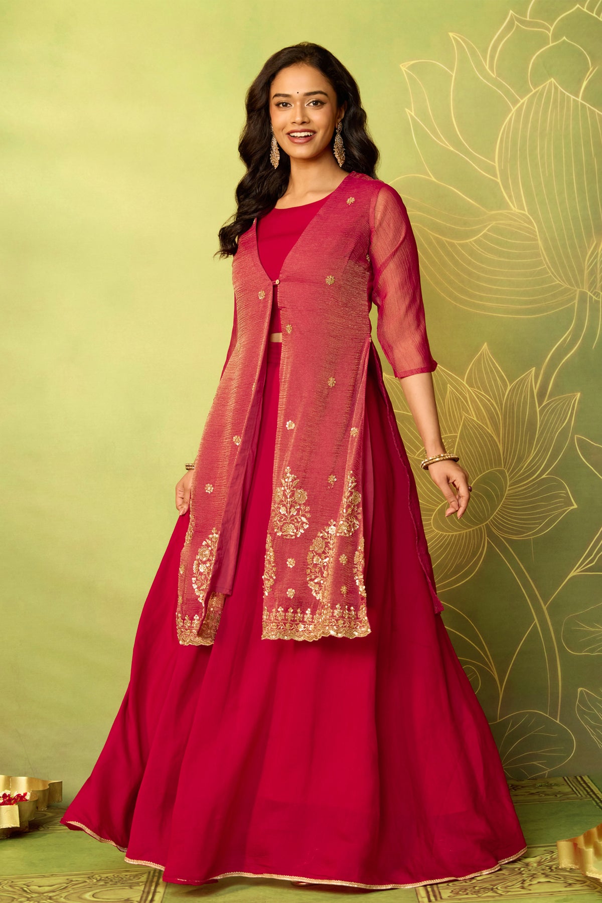 Red Floral Sequin Tissue Overcoat Skirt Set