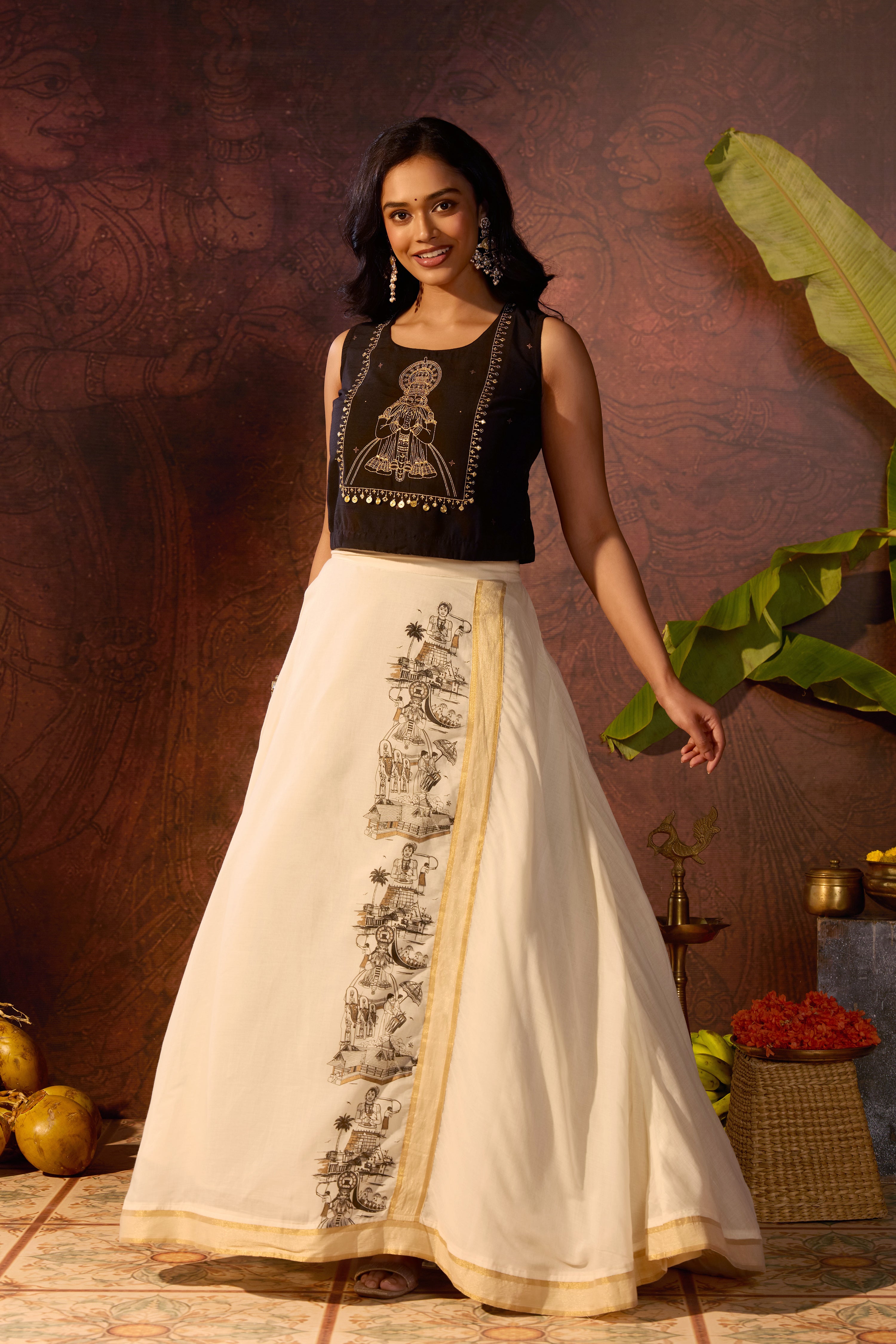 Black & Off White Kathakali Embroidered Skirt Set