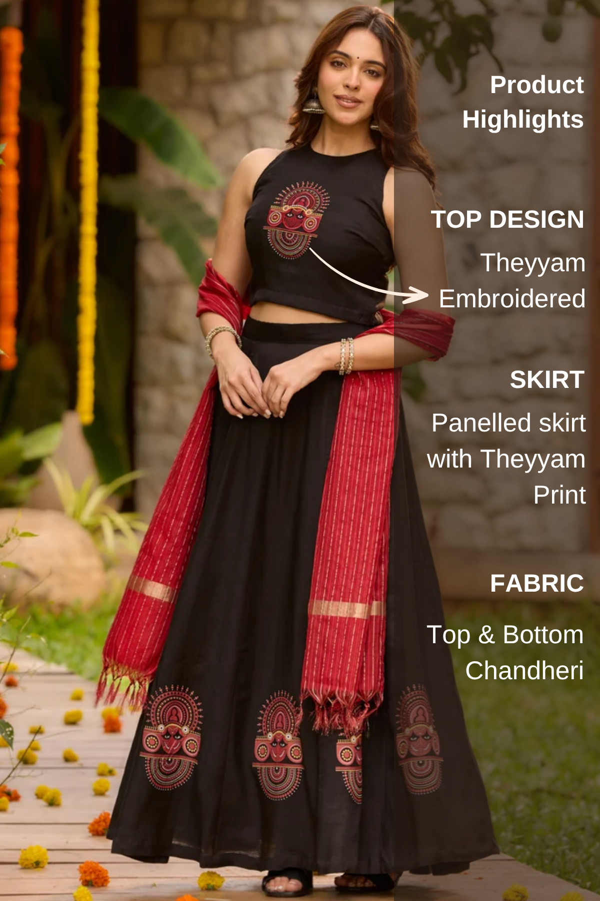 Theyyam Embroidered & Printed Black & Red Skirtset with Dupatta