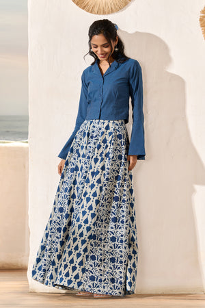 Indigo Blue Printed SKirtset with Full Sleeve Shirt