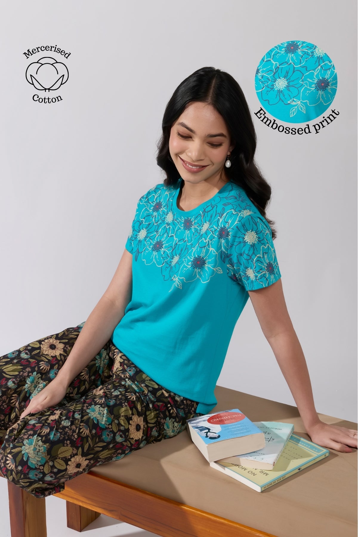 Floral Line Printed Blue Cotton Pyjama Set with Multicolor Pant