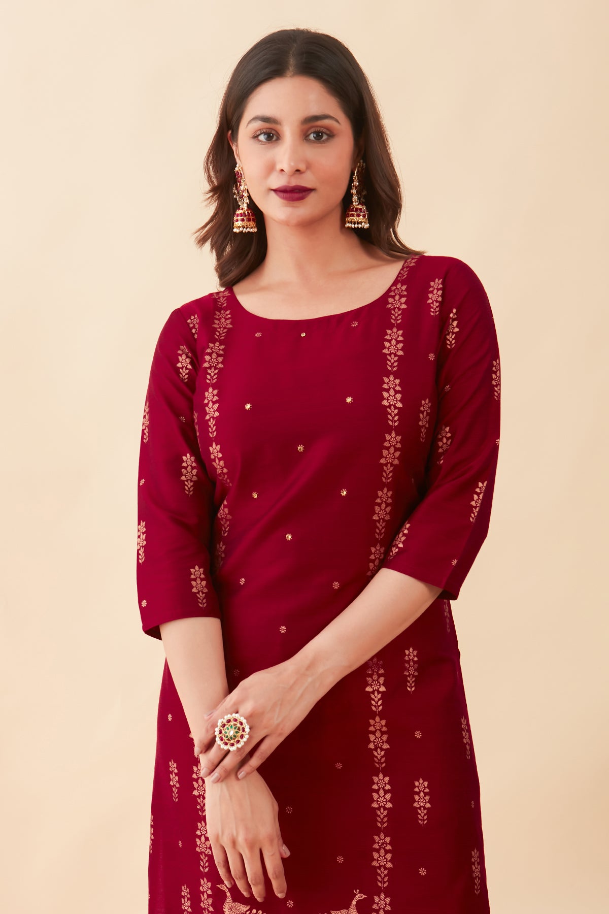 All Over Floral Printed With Stone Embellished Kurta Maroon