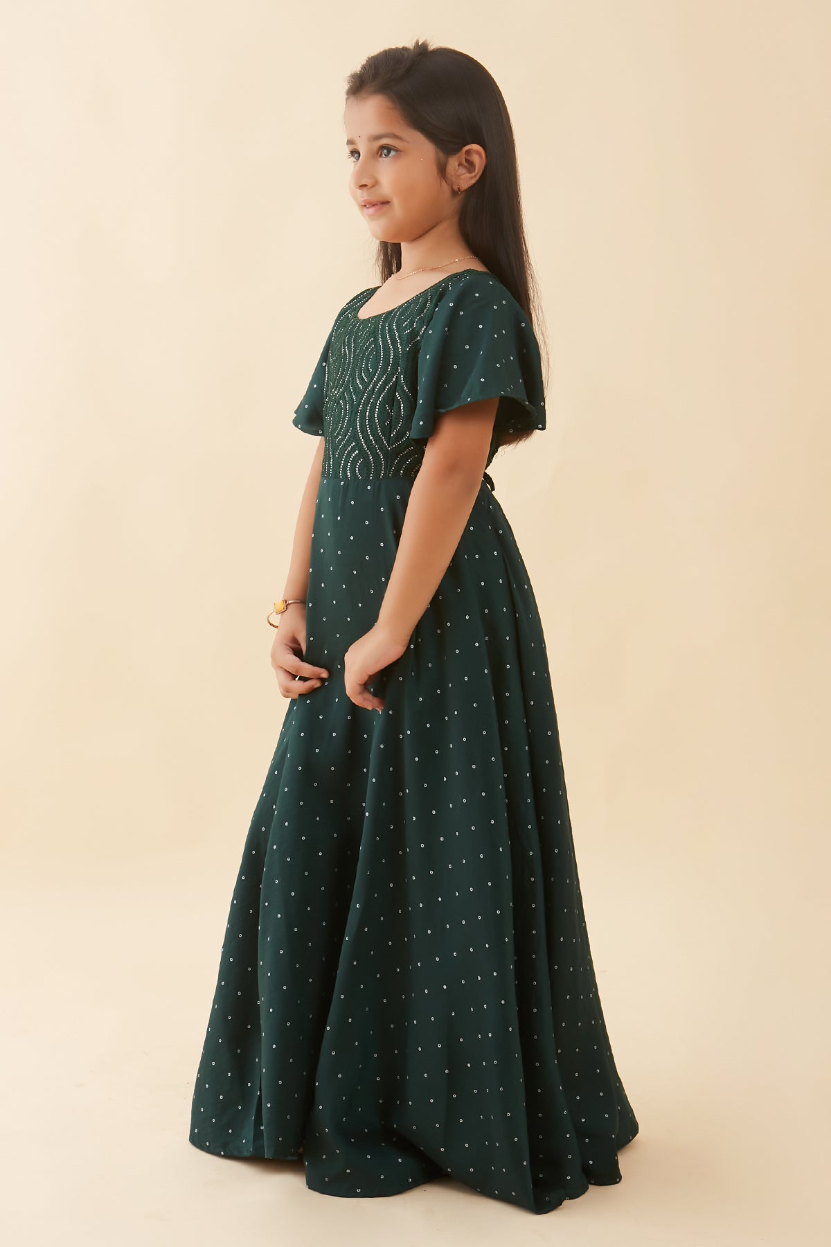 All Over Printed With Sequins Yoke Anarkali Green