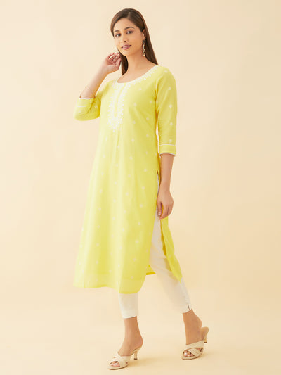 Foil Mirror Embellished With Geometric Embroidery Dobby Weave Kurta Yellow