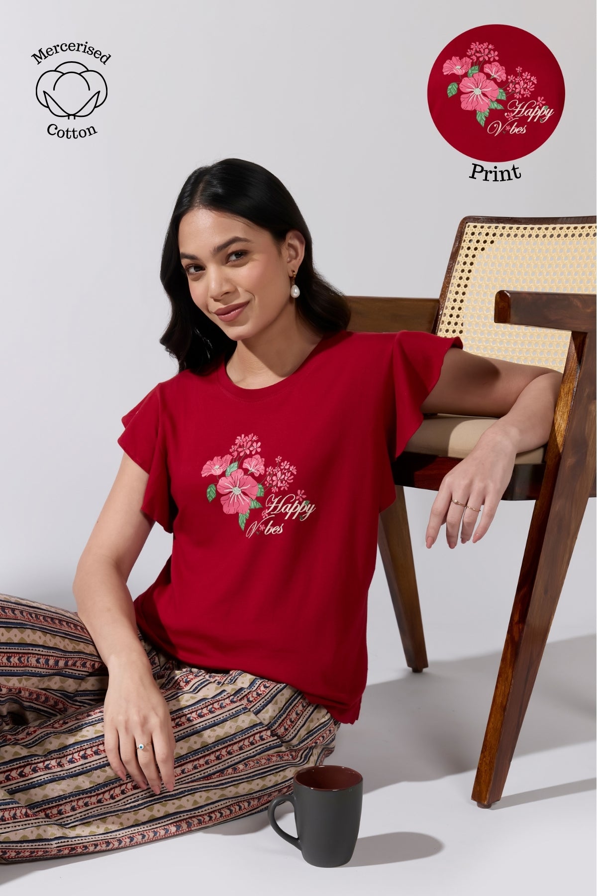 Happy Vibes Printed Red T-Shirt with Kalamkari Printed Pyjama Set