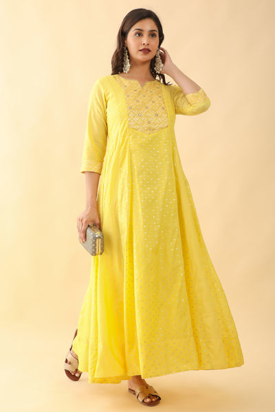 All Over Floral Weave With Brocade Yoke Anarkali - Yellow