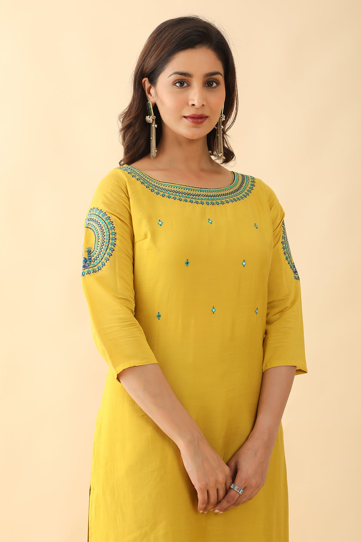 Geometric Motif Embroidery With Foil Mirror Butta Embellished Kurta Yellow