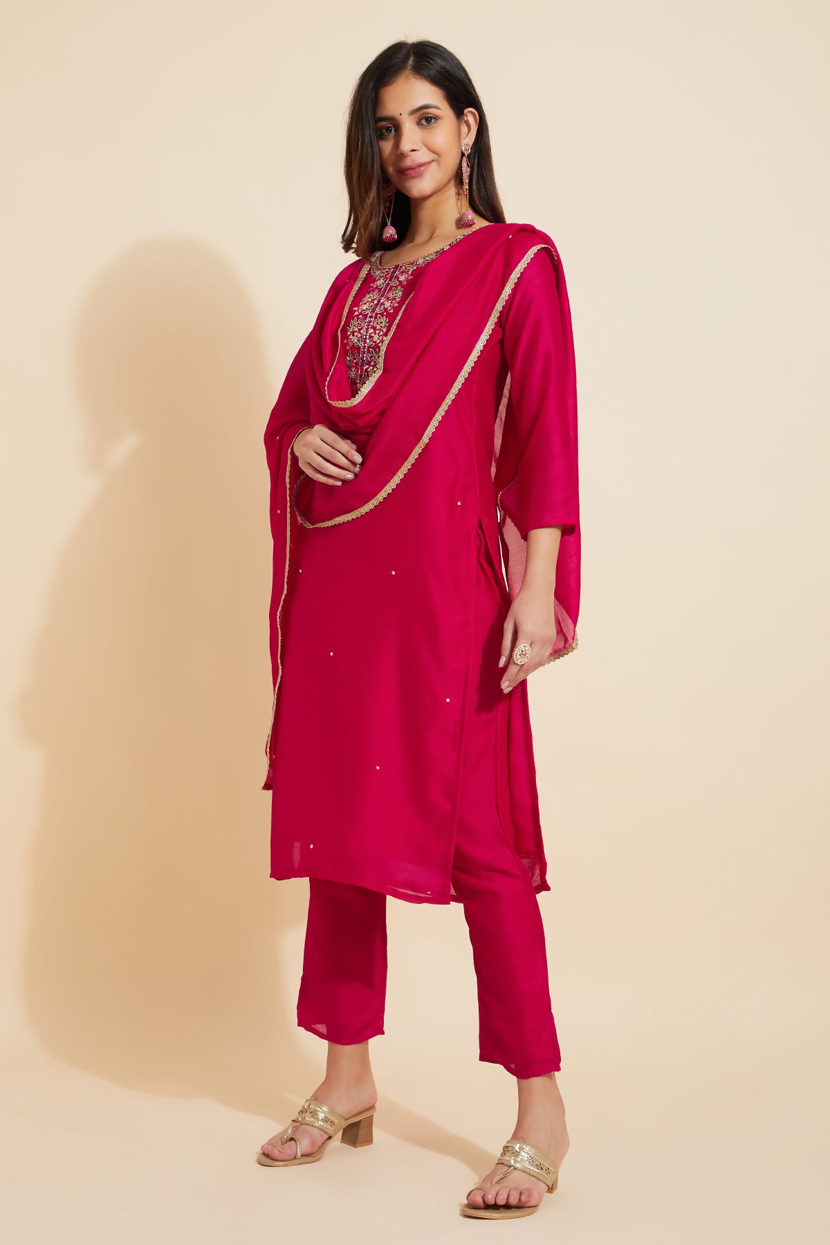 Floral Beads Embroidered Yoke With Embellished Dupatta Pink