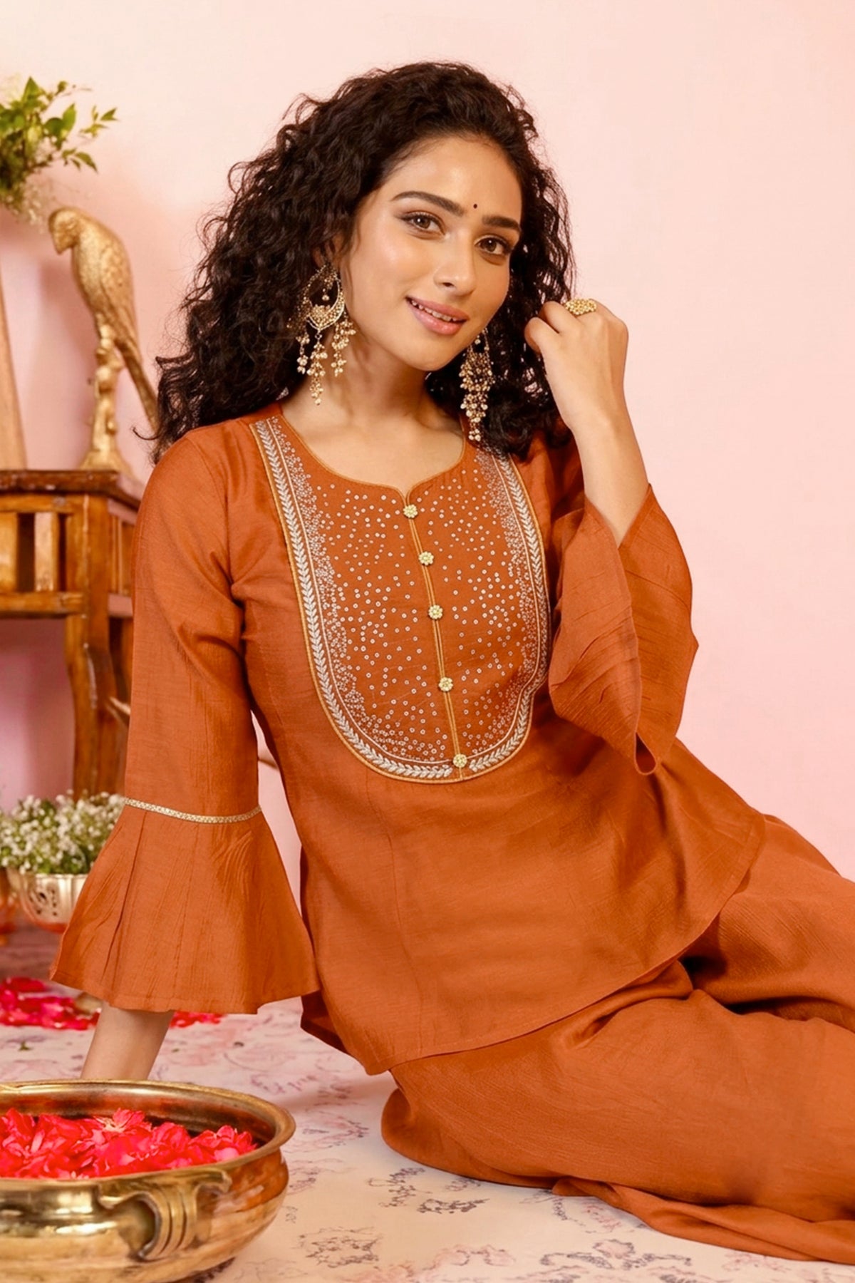 Rust Sequin Top With Rust Solid Divided Skirt Set