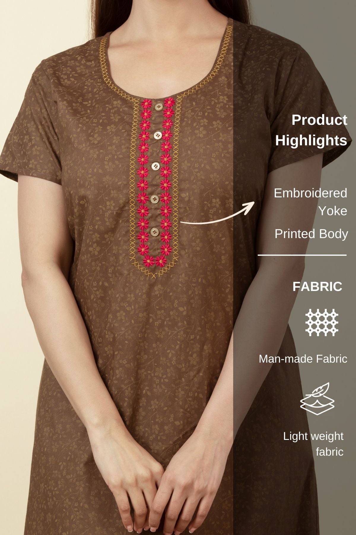 Floral Printed Nighty with Embroidered Neckline - Brown
