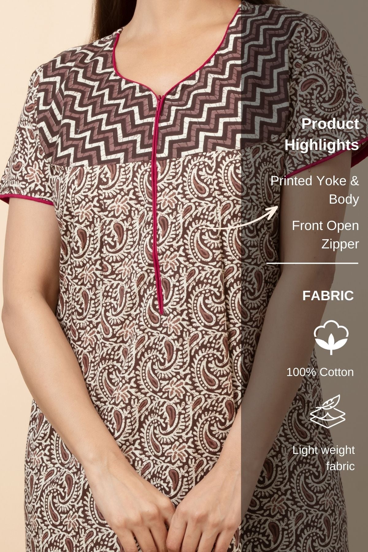 Paisley Printed Cotton Nighty - Brown