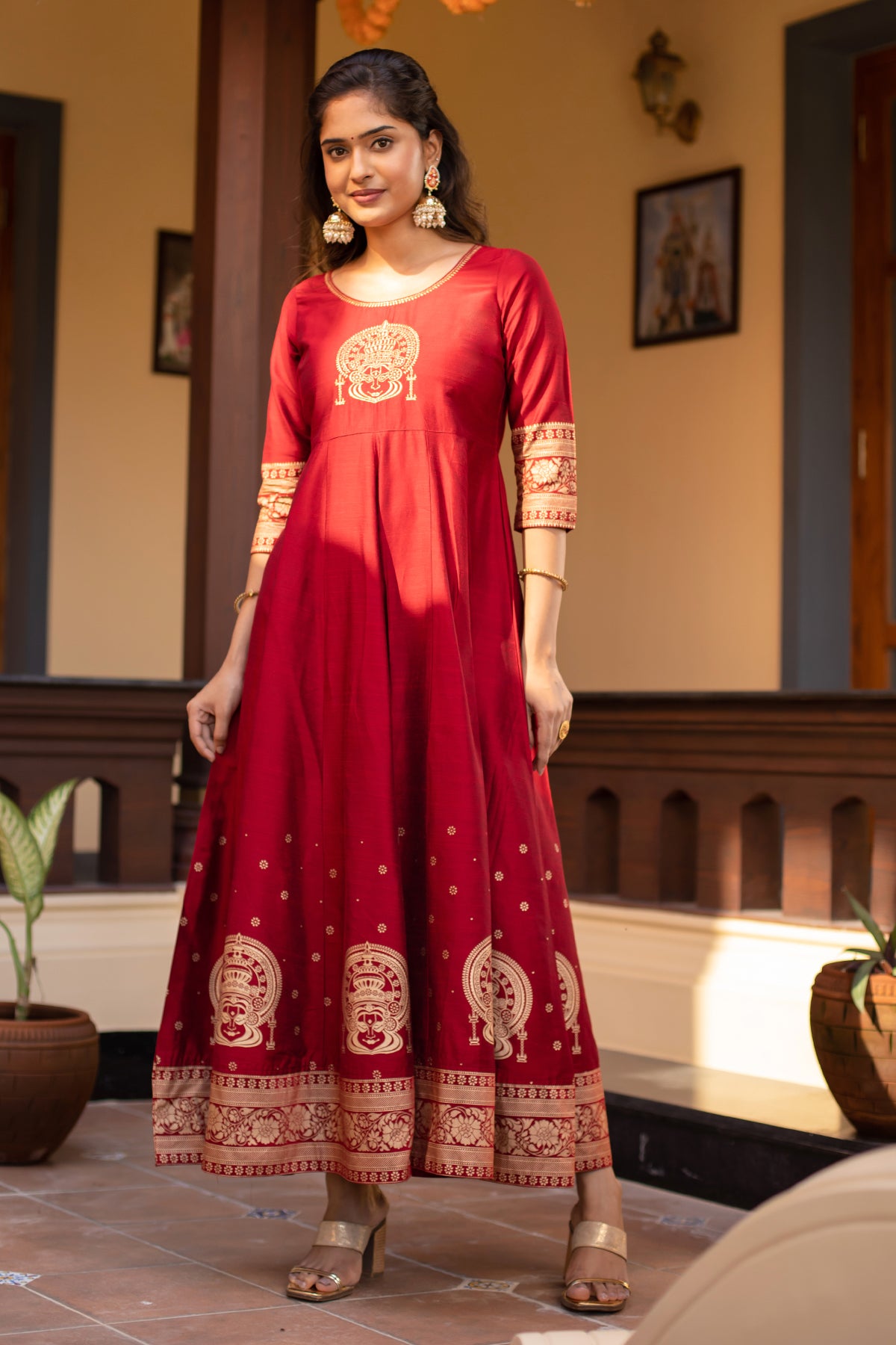 Kathakali Motif Placement Embroidered Printed Anarkali Maroon