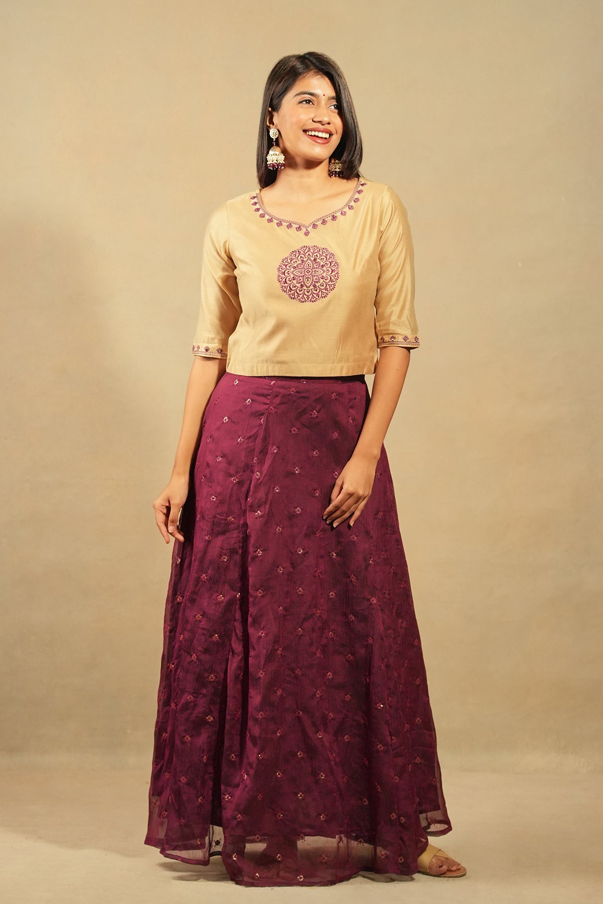 Mandala Placement Top With All Over Sequins Skirt Set Beige Burgundy