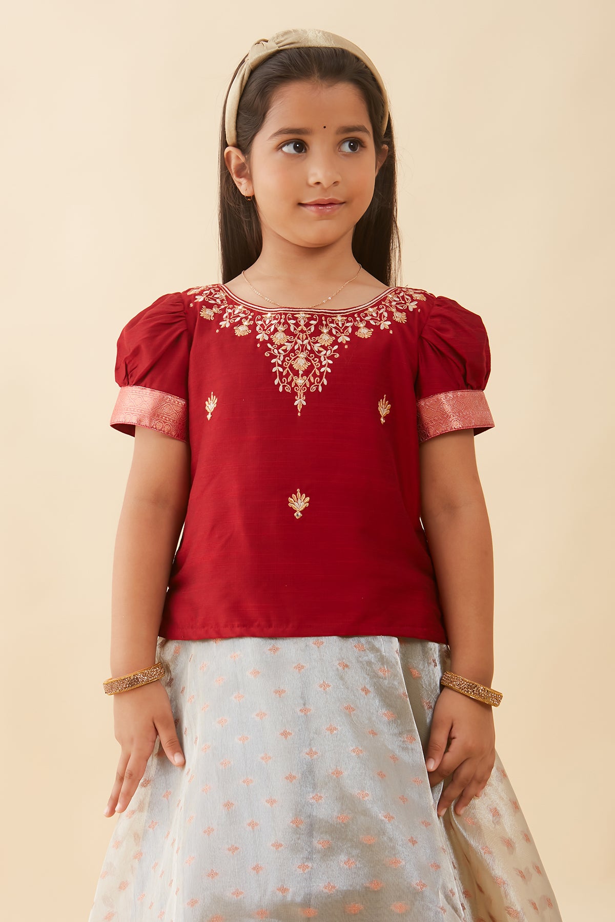 Floral Embroidered Neckline Top Brocade With Silk Border Kids Skirt Set Red