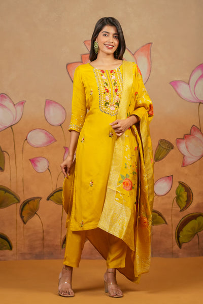 Mirror Zardosi  Rich Embroidered Kurta Set With Brocade Dupatta Yellow
