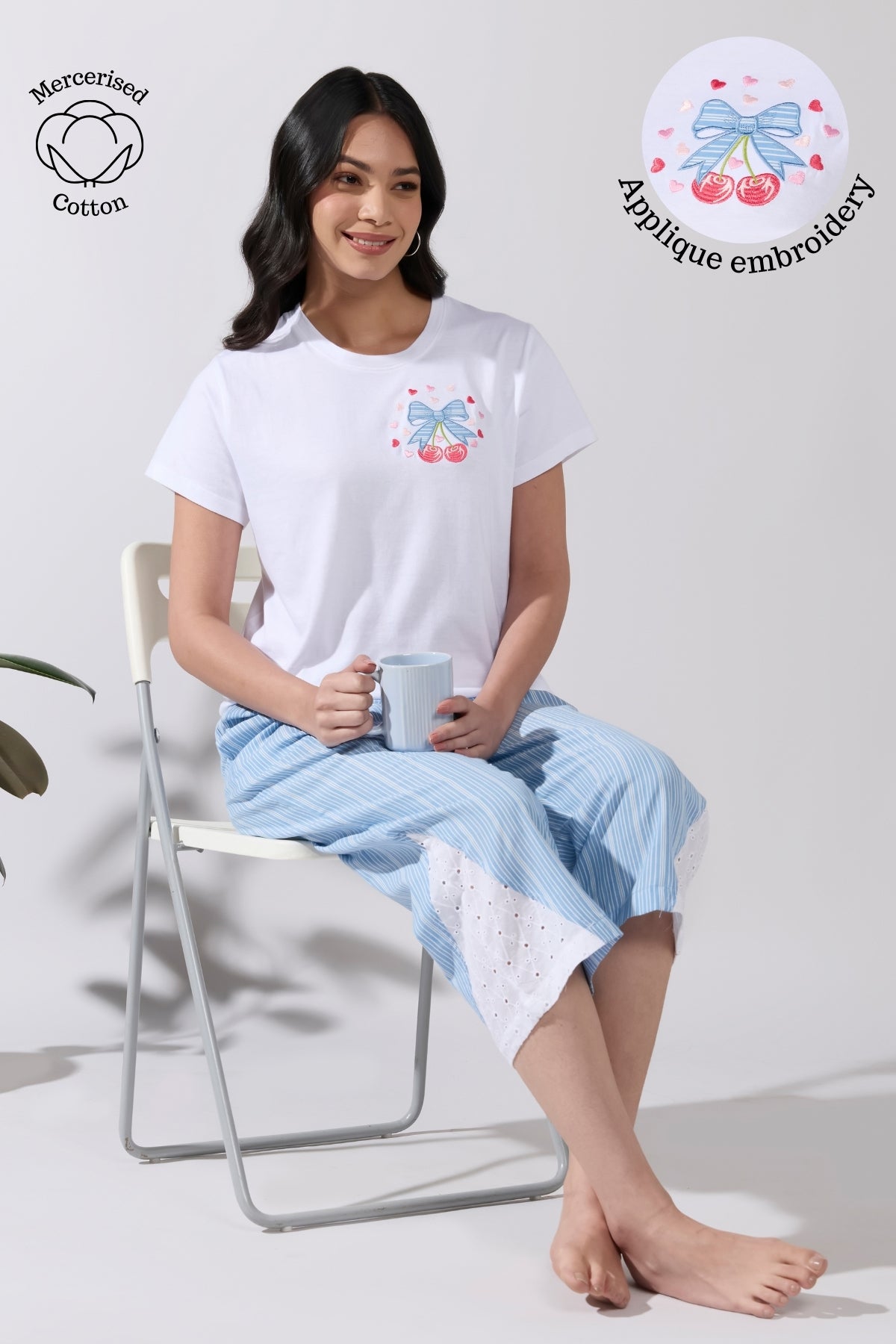 Ribbon Embroidered White T-Shirt with Striped Blue & hakoba Patchwork Pyjama Set