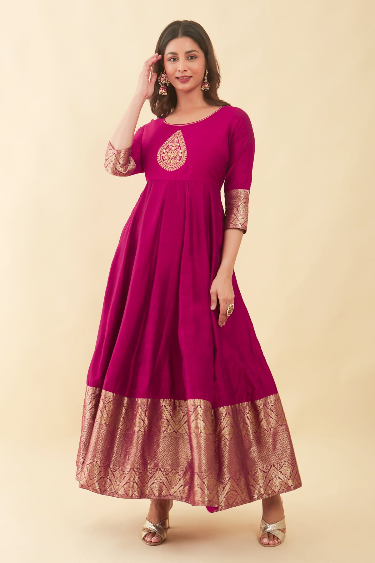 Thilagam Motif Embroidered With Gold Zari Border Anarkali Maroon