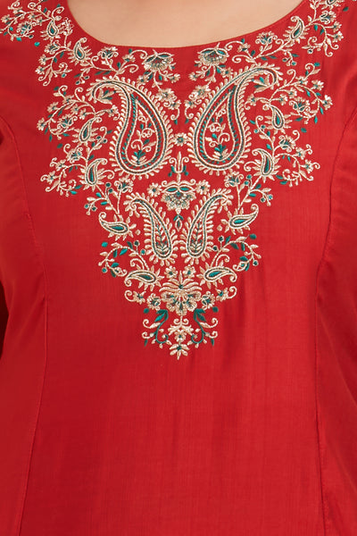 Paisely Embroidered Kurta Set With Brocade Dupatta Rust Green