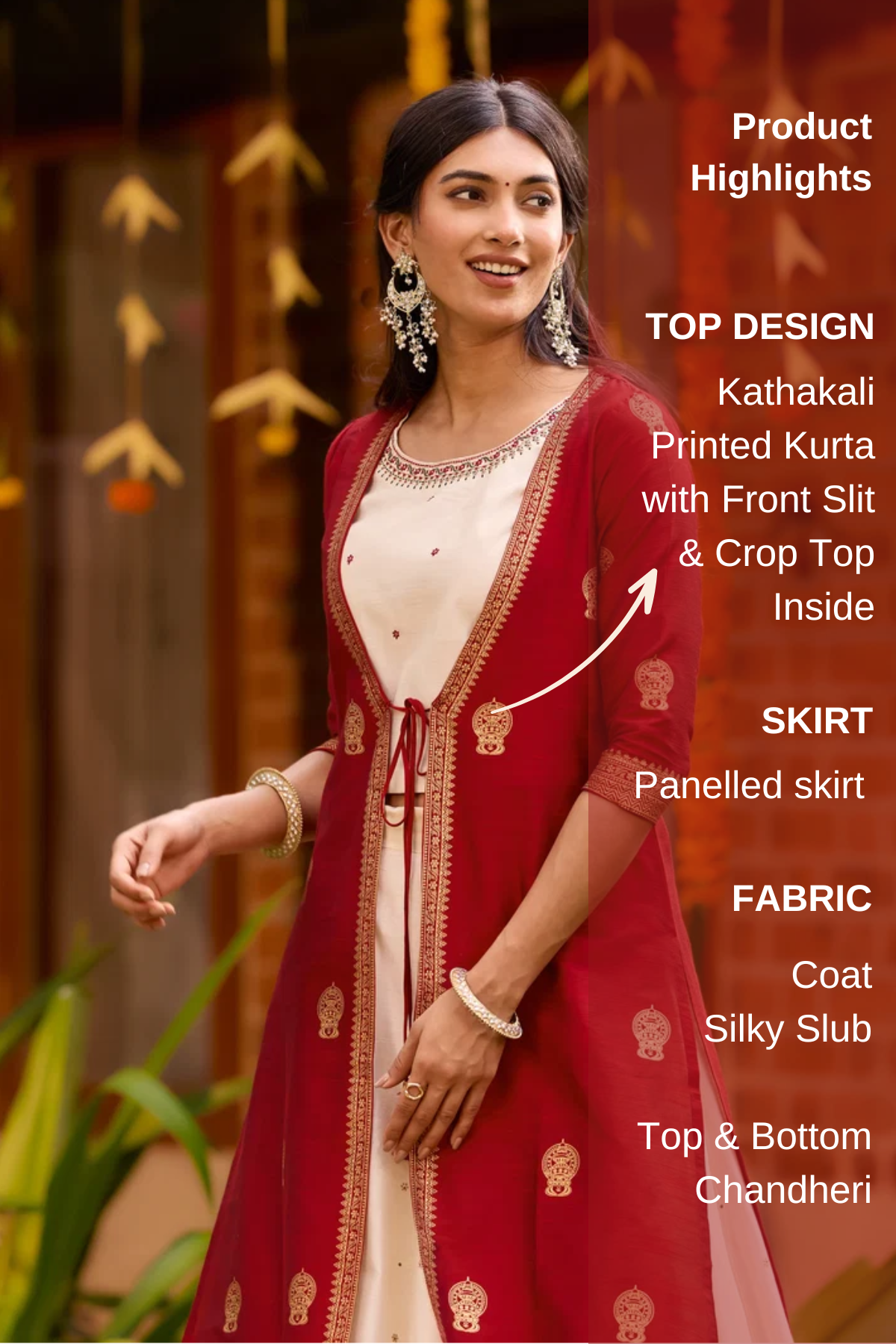 Kathakali Printed Off-White & Red Skirtset with Front Slit Jacket