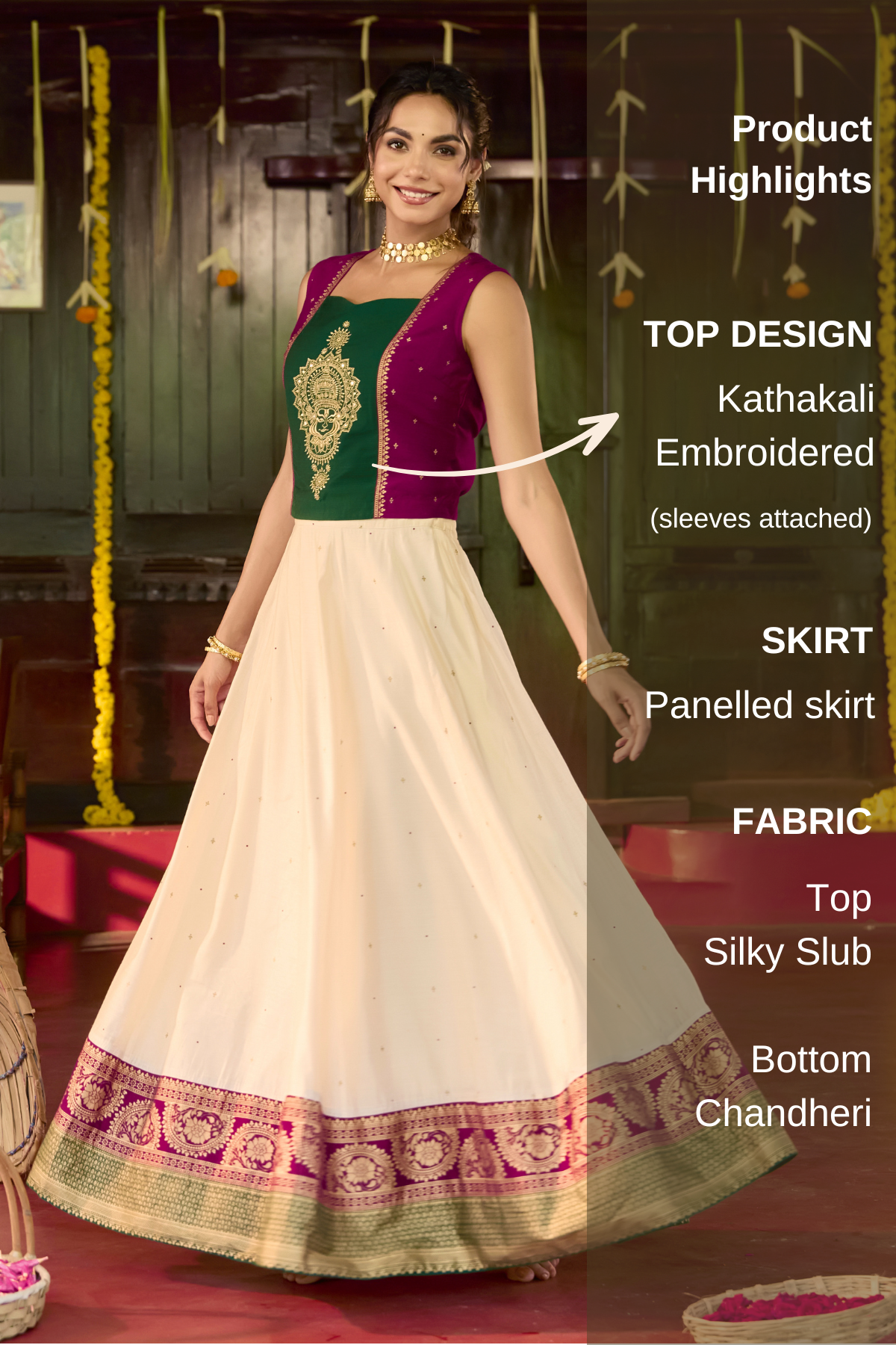 Magenta Kathakali Embroidered Skirt Set