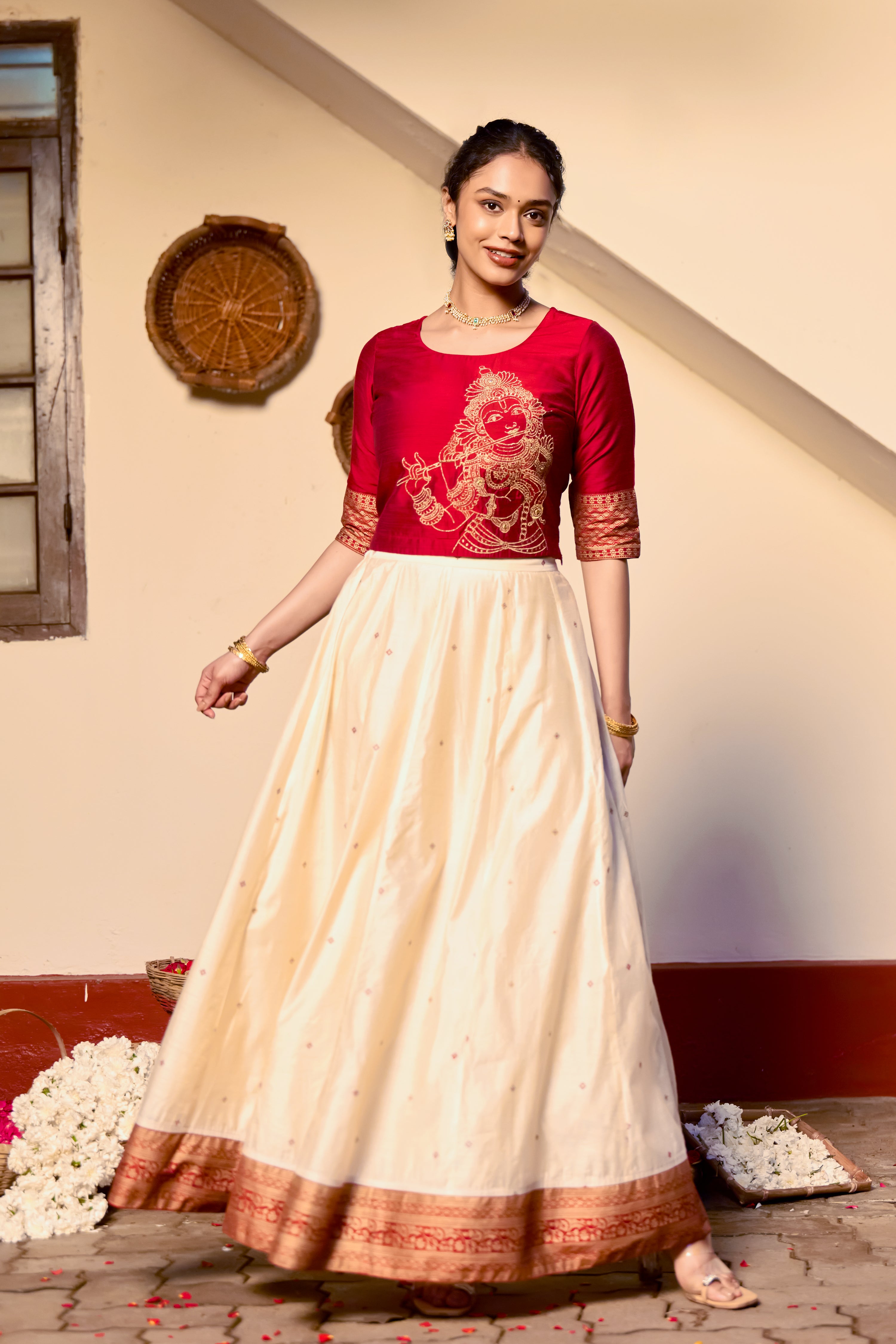 Red Mural Embroidered Crop Top & Panelled Skirt Set