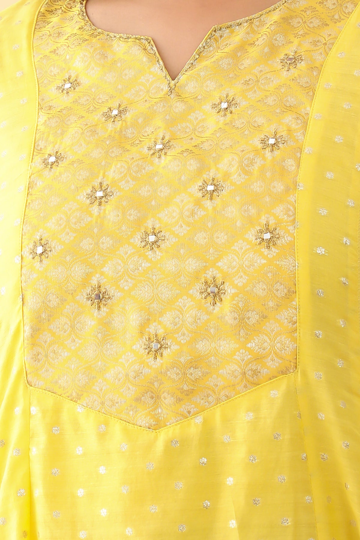 All Over Floral Weave With Brocade Yoke Anarkali - Yellow