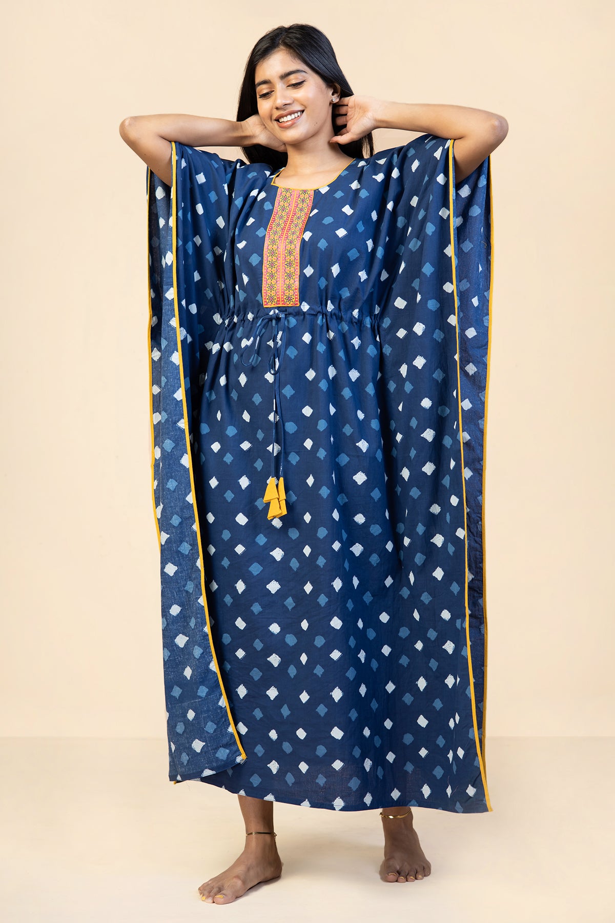 All Over Geometric Printed With Floral Embroidered Yoke Kaftan Nighty Blue