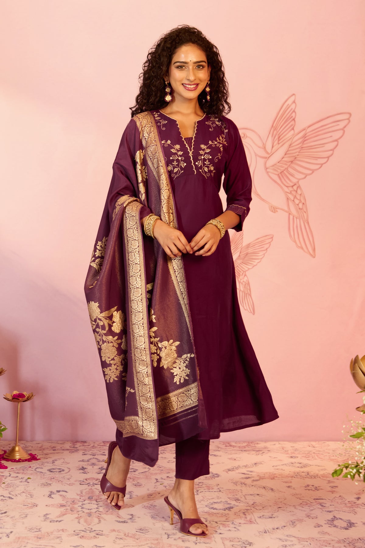 Purple Embroidered Straight Kurta Set