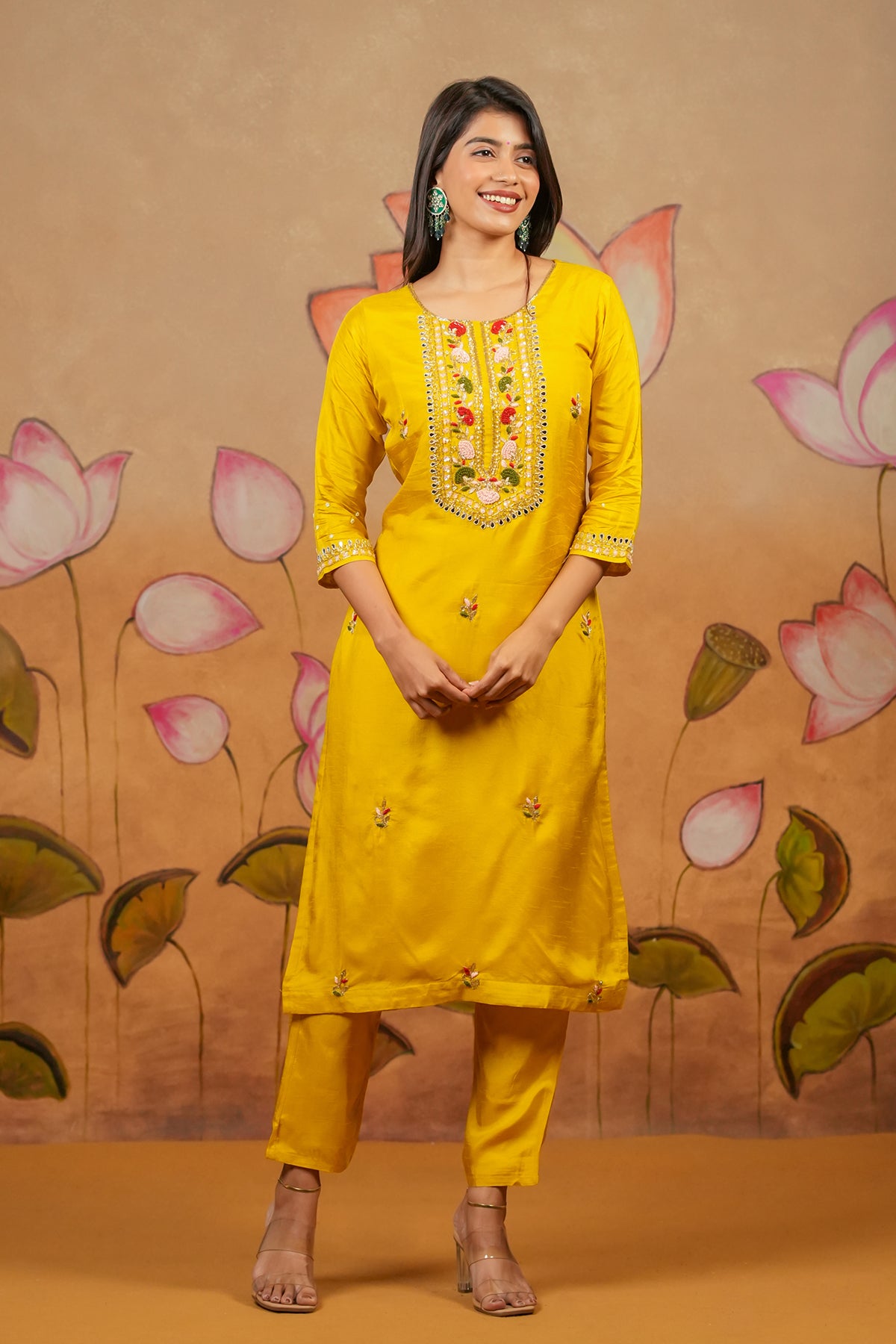 Mirror & Zardosi  Rich Embroidered Kurta Set With Brocade Dupatta - Yellow