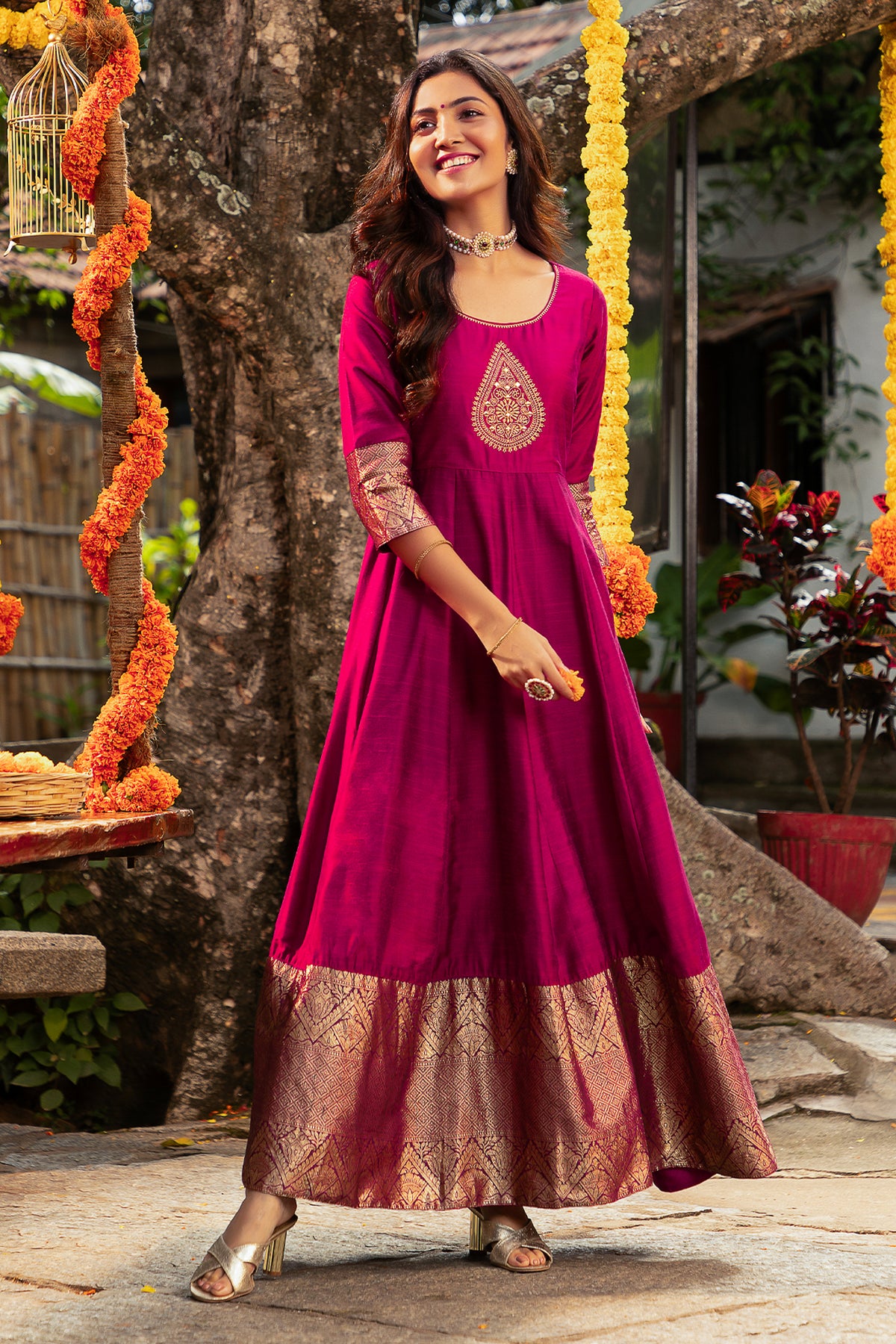 Thilagam Motif Embroidered With Gold Zari Border Anarkali Maroon