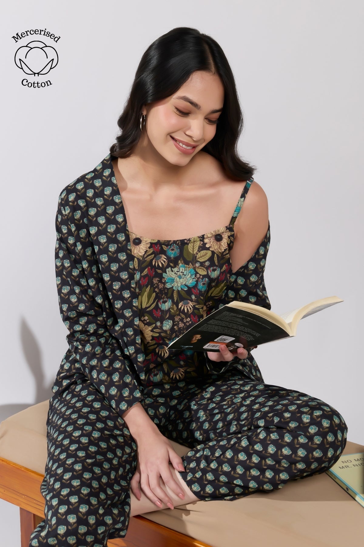 Floral Printed Cotton Black Pjyama Set with Jacket